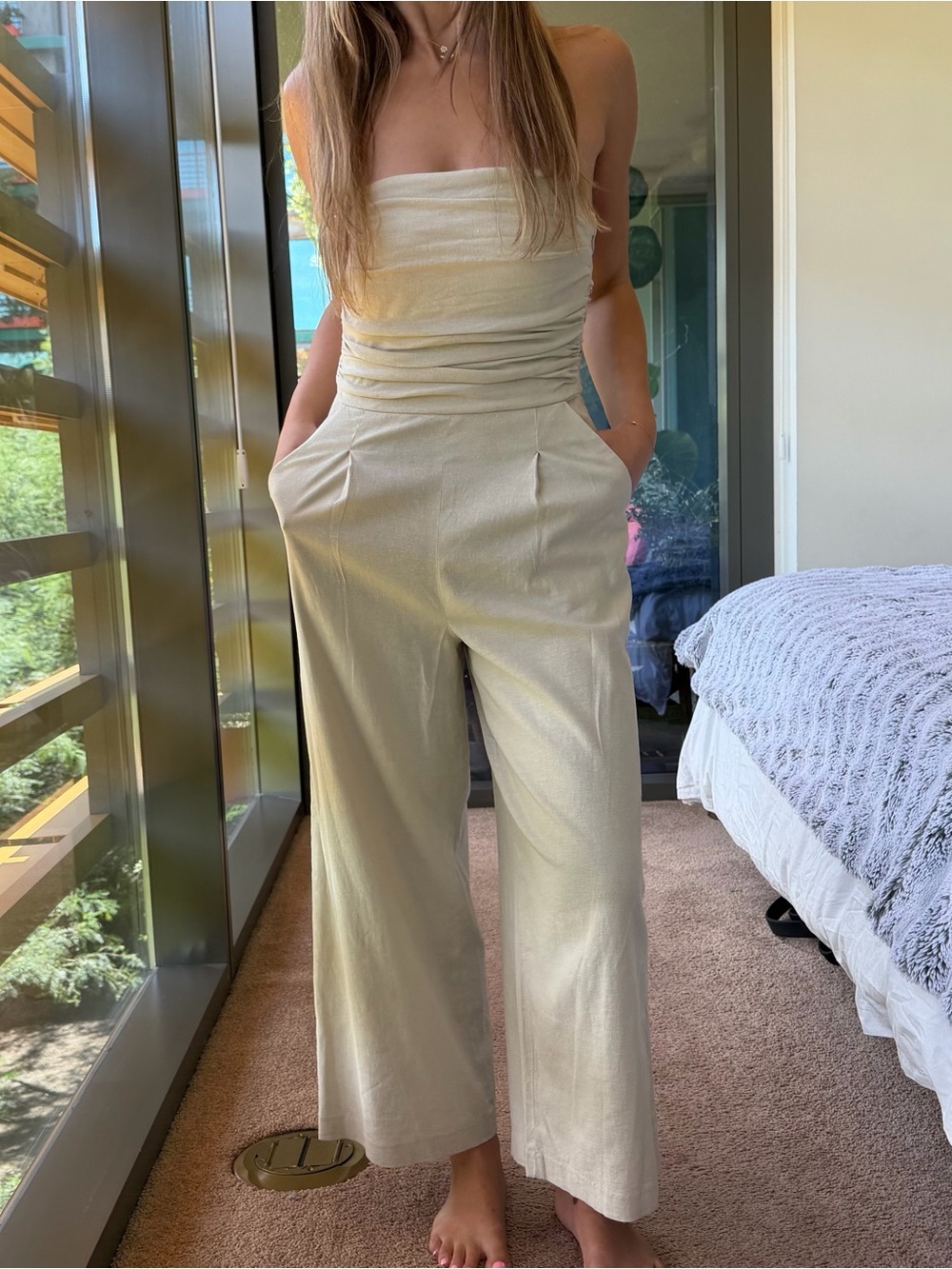 Nordstrom Strapless Linen Tan Summer Jumpsuit - Picture 2 of 5